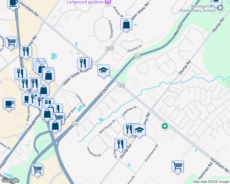 map of restaurants, bars, coffee shops, grocery stores, and more near 405 Devon Court in North Wales