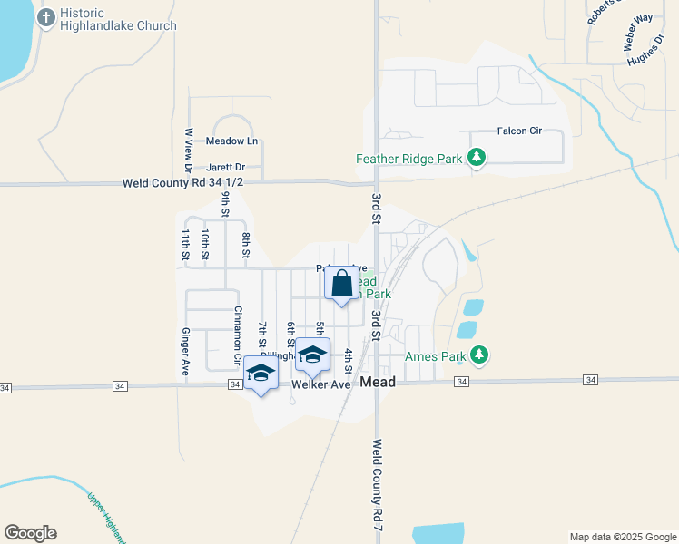 map of restaurants, bars, coffee shops, grocery stores, and more near 405 Palmer Avenue in Mead