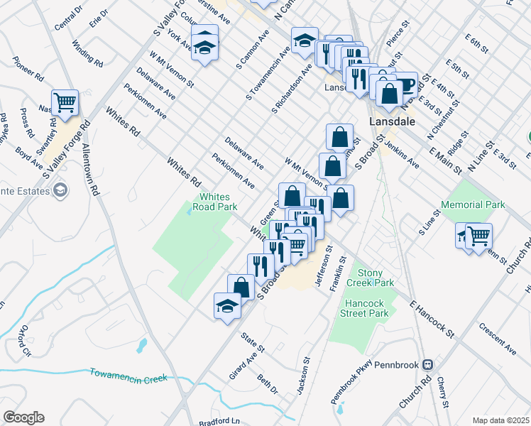 map of restaurants, bars, coffee shops, grocery stores, and more near 520 Green Street in Lansdale