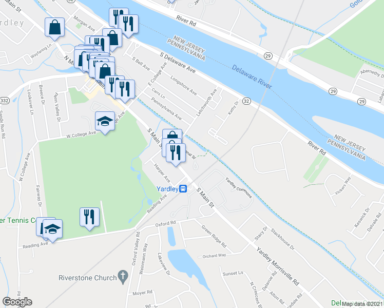 map of restaurants, bars, coffee shops, grocery stores, and more near 194 South Canal Street in Yardley
