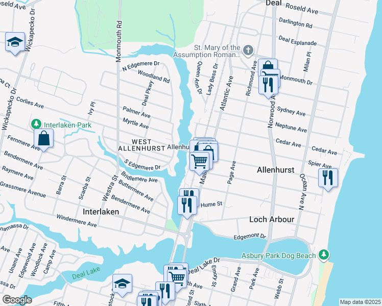 map of restaurants, bars, coffee shops, grocery stores, and more near Lake Drive in Allenhurst
