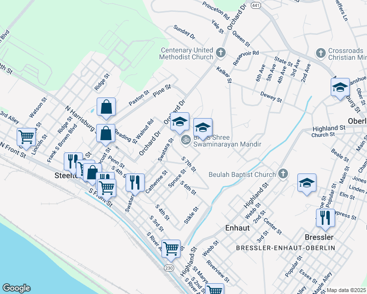 map of restaurants, bars, coffee shops, grocery stores, and more near 265 Reynders Street in Harrisburg
