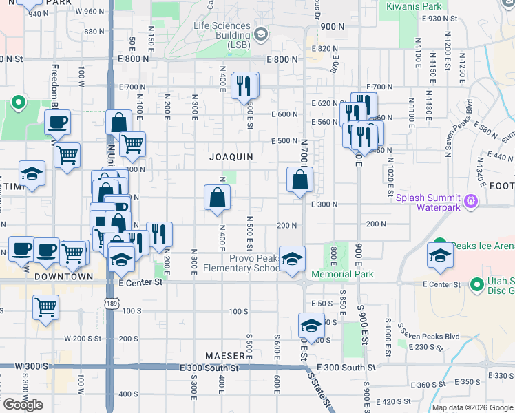 map of restaurants, bars, coffee shops, grocery stores, and more near 292 North 500 East Street in Provo