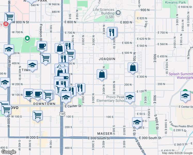 map of restaurants, bars, coffee shops, grocery stores, and more near 366 300 North in Provo