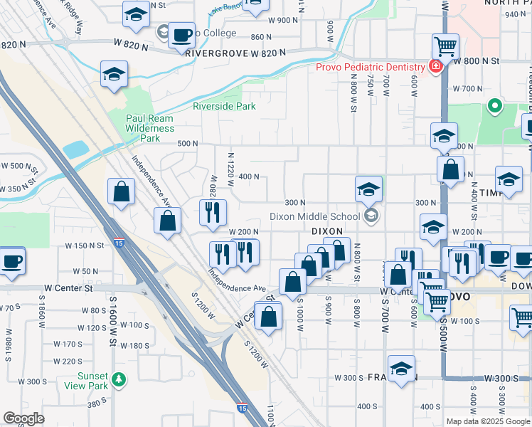 map of restaurants, bars, coffee shops, grocery stores, and more near 1117 West 300 North Street in Provo