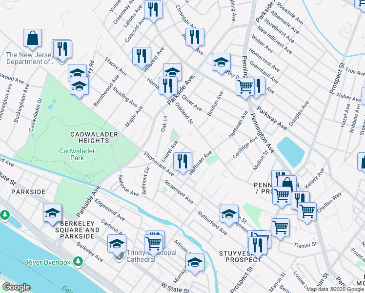 map of restaurants, bars, coffee shops, grocery stores, and more near 284 Highland Avenue in Trenton