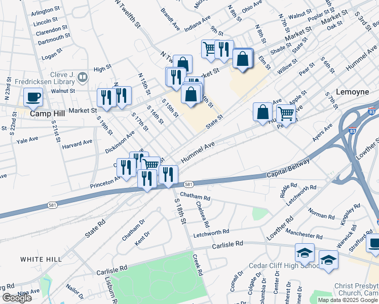 map of restaurants, bars, coffee shops, grocery stores, and more near 1600 Hummel Ave in Camp Hill