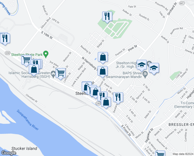 map of restaurants, bars, coffee shops, grocery stores, and more near 313 Pine Street in Steelton
