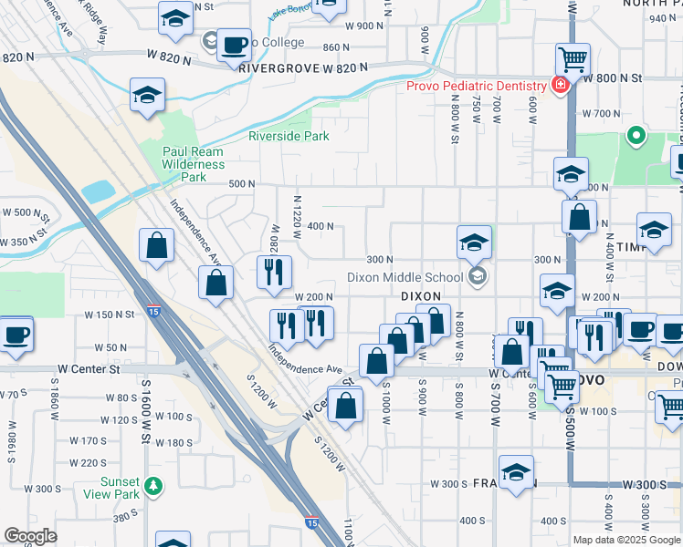 map of restaurants, bars, coffee shops, grocery stores, and more near 1117 West 300 North Street in Provo
