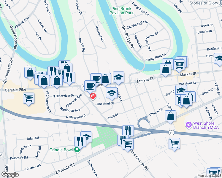 map of restaurants, bars, coffee shops, grocery stores, and more near 4341 Carlisle Pike in Camp Hill