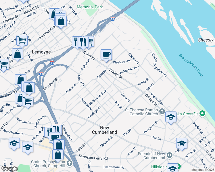 map of restaurants, bars, coffee shops, grocery stores, and more near 415 Haldeman Boulevard in New Cumberland