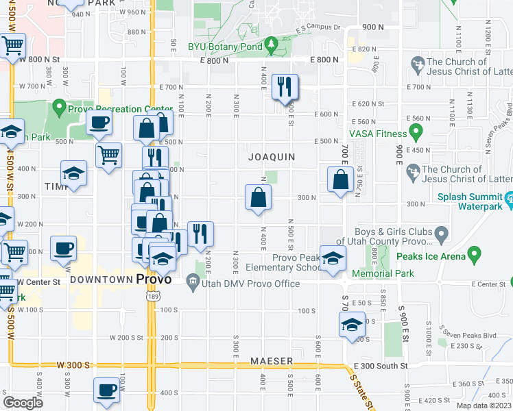 map of restaurants, bars, coffee shops, grocery stores, and more near 279 North 400 East in Provo