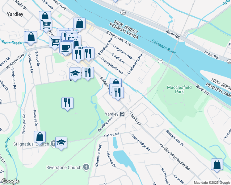 map of restaurants, bars, coffee shops, grocery stores, and more near 168 South Main Street in Yardley