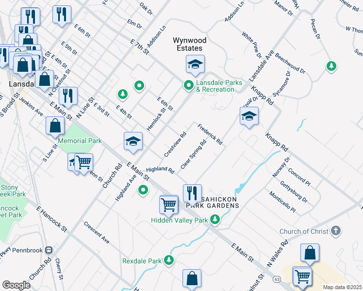 map of restaurants, bars, coffee shops, grocery stores, and more near 315 Crestview Road in Lansdale