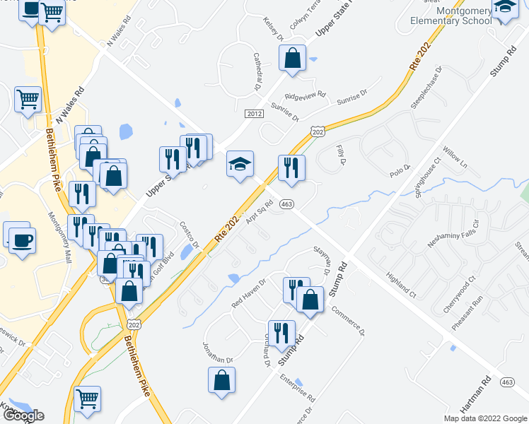 map of restaurants, bars, coffee shops, grocery stores, and more near 100 Devon Court in North Wales