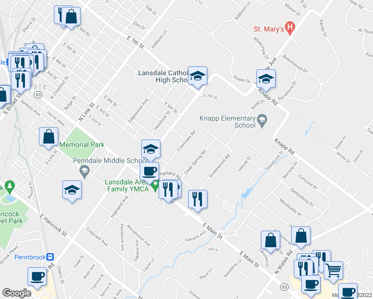 map of restaurants, bars, coffee shops, grocery stores, and more near 315 Crestview Road in Lansdale
