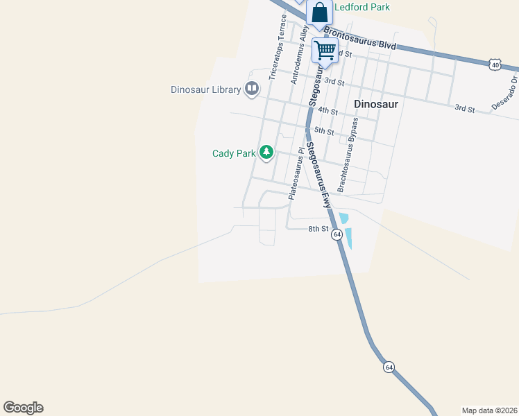 map of restaurants, bars, coffee shops, grocery stores, and more near Blue Mountain Avenue in Dinosaur