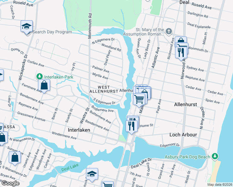 map of restaurants, bars, coffee shops, grocery stores, and more near 510 Corlies Avenue in Allenhurst