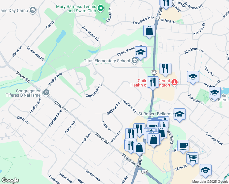 map of restaurants, bars, coffee shops, grocery stores, and more near 2324 Oakfield Road in Warrington