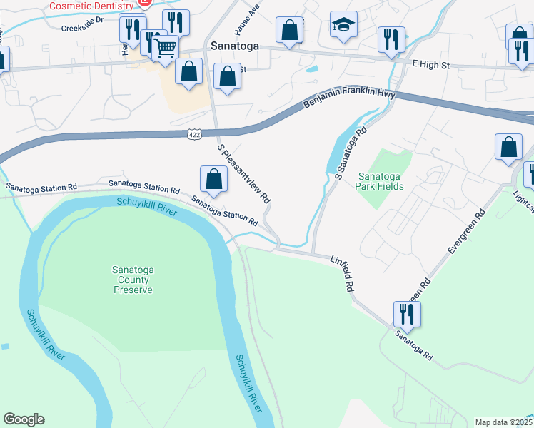 map of restaurants, bars, coffee shops, grocery stores, and more near 343 South Pleasantview Road in Sanatoga