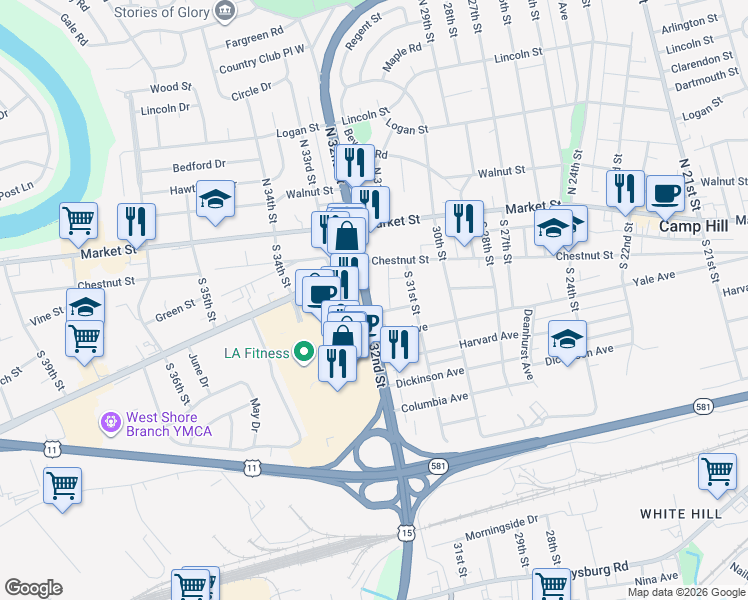 map of restaurants, bars, coffee shops, grocery stores, and more near 135 South 32nd Street in Camp Hill