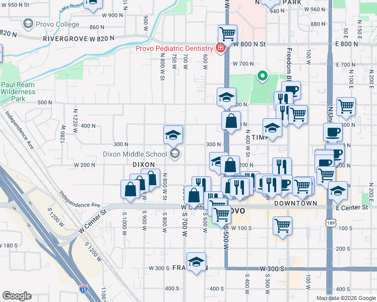 map of restaurants, bars, coffee shops, grocery stores, and more near 266 700 West in Provo
