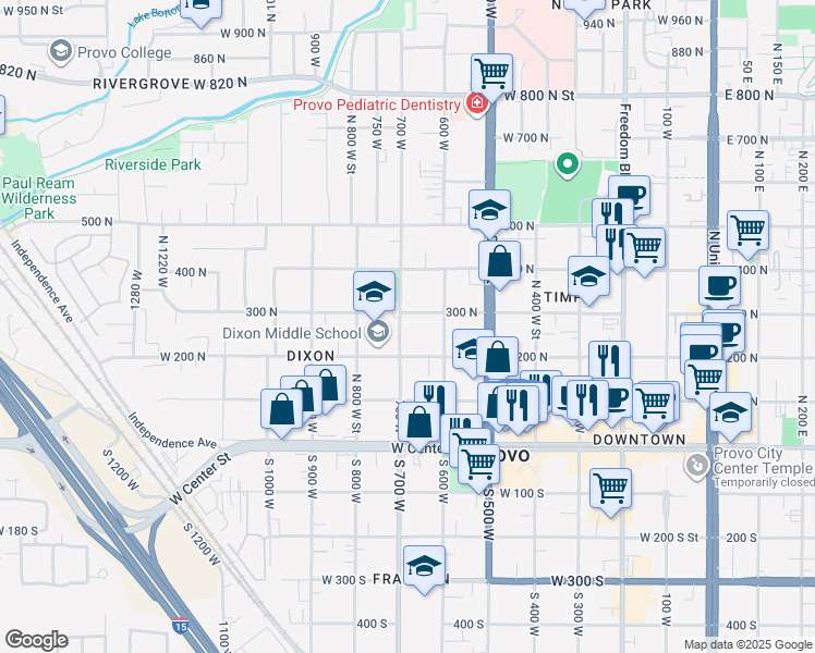 map of restaurants, bars, coffee shops, grocery stores, and more near 266 700 West in Provo