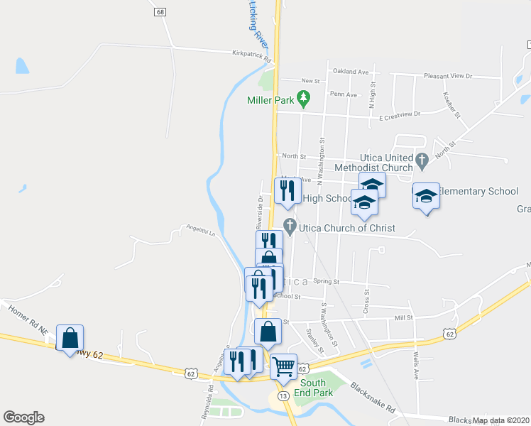 map of restaurants, bars, coffee shops, grocery stores, and more near 233 North Main Street in Utica