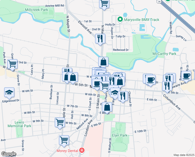map of restaurants, bars, coffee shops, grocery stores, and more near 131 North Main Street in Marysville