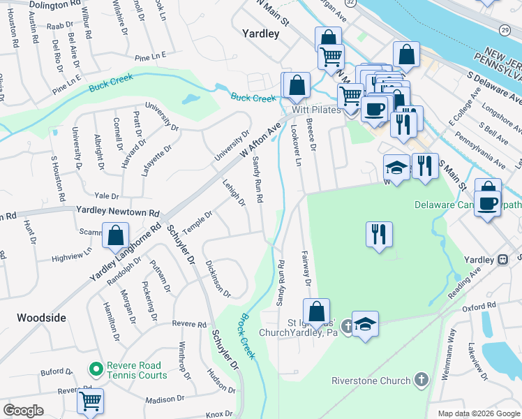 map of restaurants, bars, coffee shops, grocery stores, and more near 924 Sandy Run Road in Yardley
