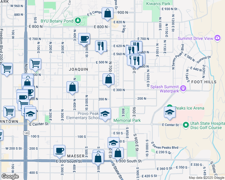 map of restaurants, bars, coffee shops, grocery stores, and more near 306 700 East in Provo