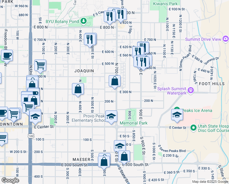 map of restaurants, bars, coffee shops, grocery stores, and more near 306 700 East in Provo