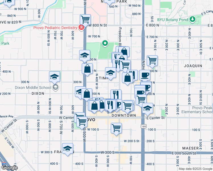 map of restaurants, bars, coffee shops, grocery stores, and more near 263 North 300 West Street in Provo