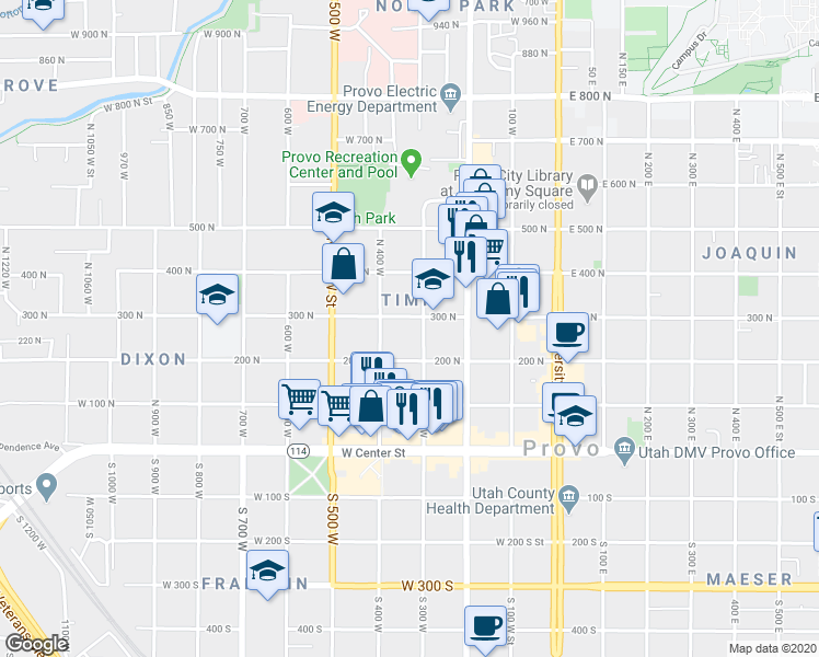 map of restaurants, bars, coffee shops, grocery stores, and more near 263 North 300 West Street in Provo