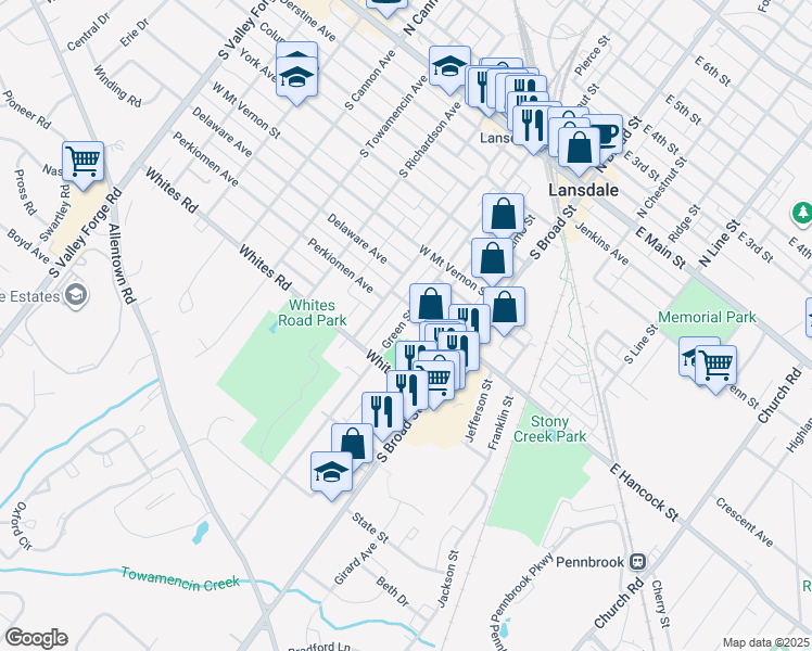 map of restaurants, bars, coffee shops, grocery stores, and more near 512 Green Street in Lansdale