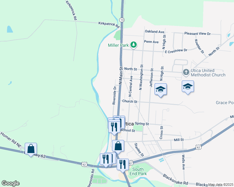 map of restaurants, bars, coffee shops, grocery stores, and more near 233 North Main Street in Utica