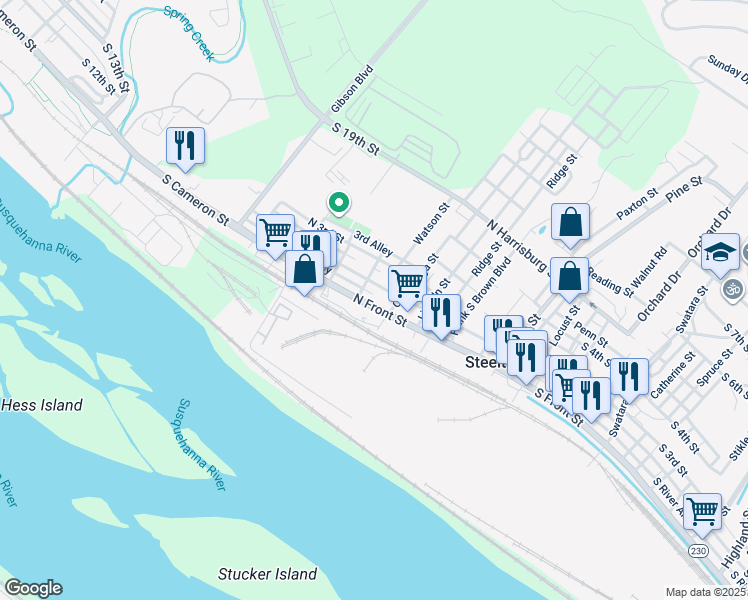 map of restaurants, bars, coffee shops, grocery stores, and more near 427 N Front St in Steelton