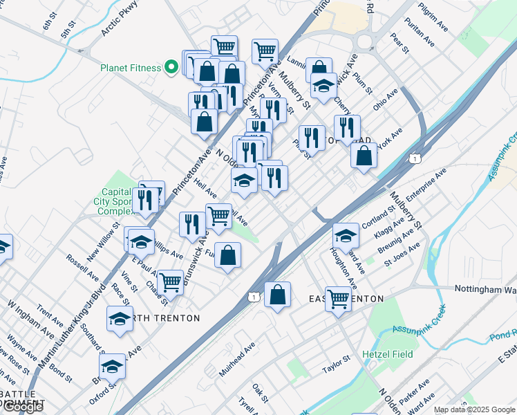 map of restaurants, bars, coffee shops, grocery stores, and more near 649 Ohio Avenue in Trenton