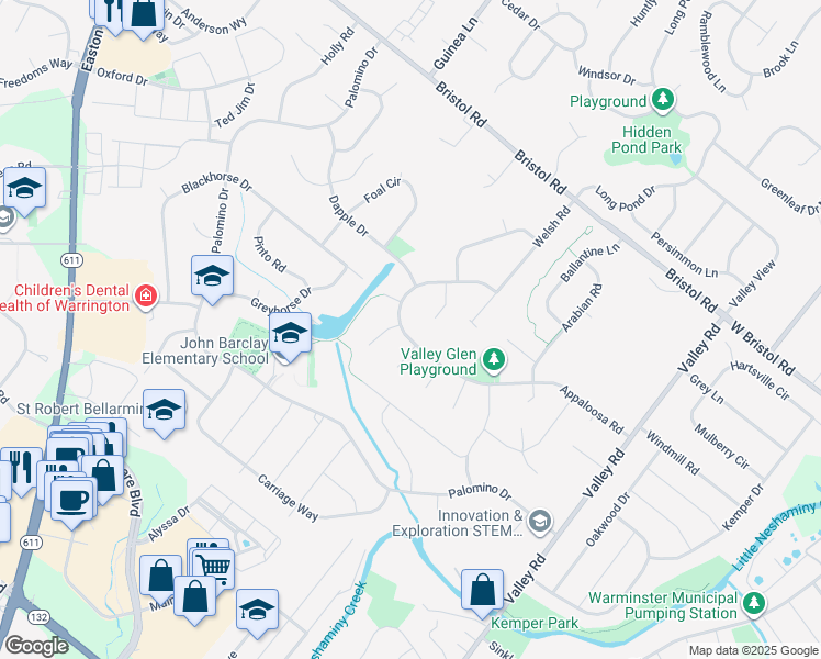 map of restaurants, bars, coffee shops, grocery stores, and more near 1915 Appaloosa Road in Warrington