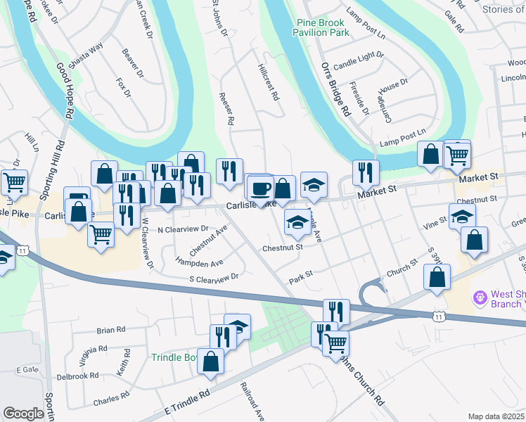 map of restaurants, bars, coffee shops, grocery stores, and more near 4401 Carlisle Pike in Camp Hill