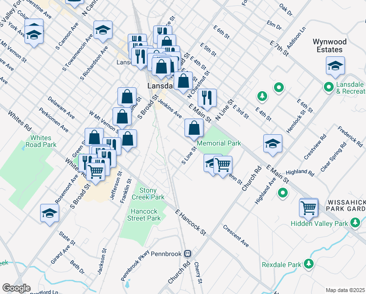 map of restaurants, bars, coffee shops, grocery stores, and more near 200 South Line Street in Lansdale