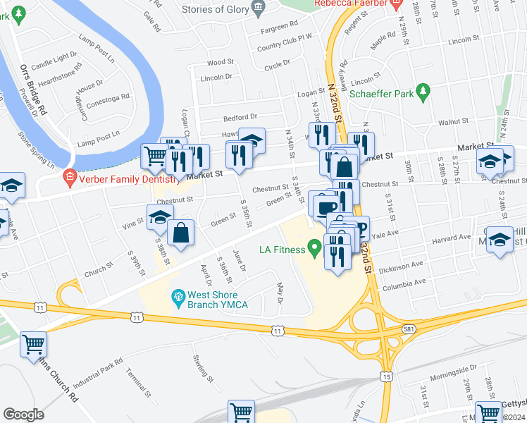 map of restaurants, bars, coffee shops, grocery stores, and more near 3453 Green Street in Camp Hill