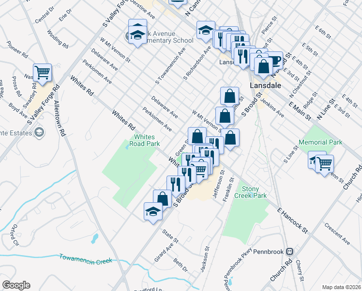 map of restaurants, bars, coffee shops, grocery stores, and more near 512 Green Street in Lansdale