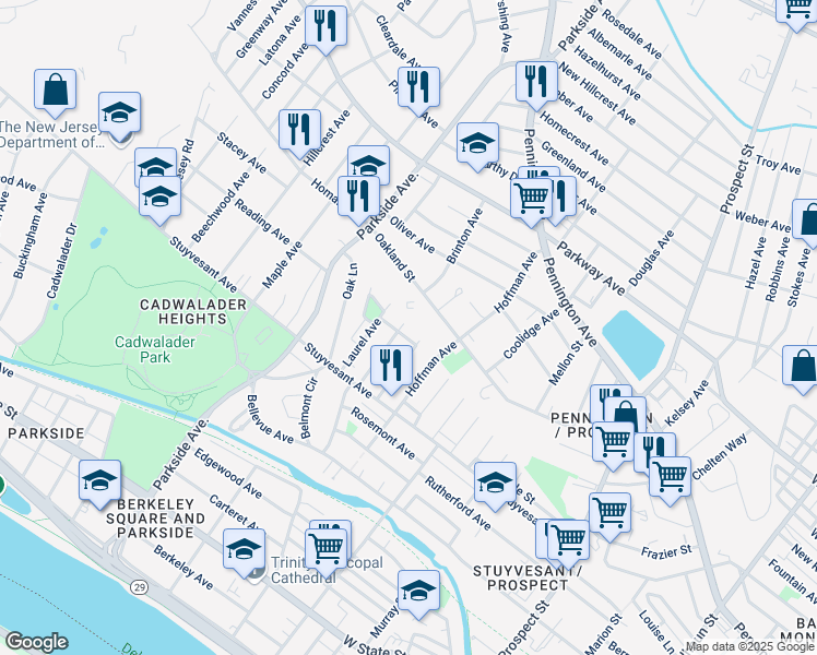 map of restaurants, bars, coffee shops, grocery stores, and more near 284 Highland Avenue in Trenton