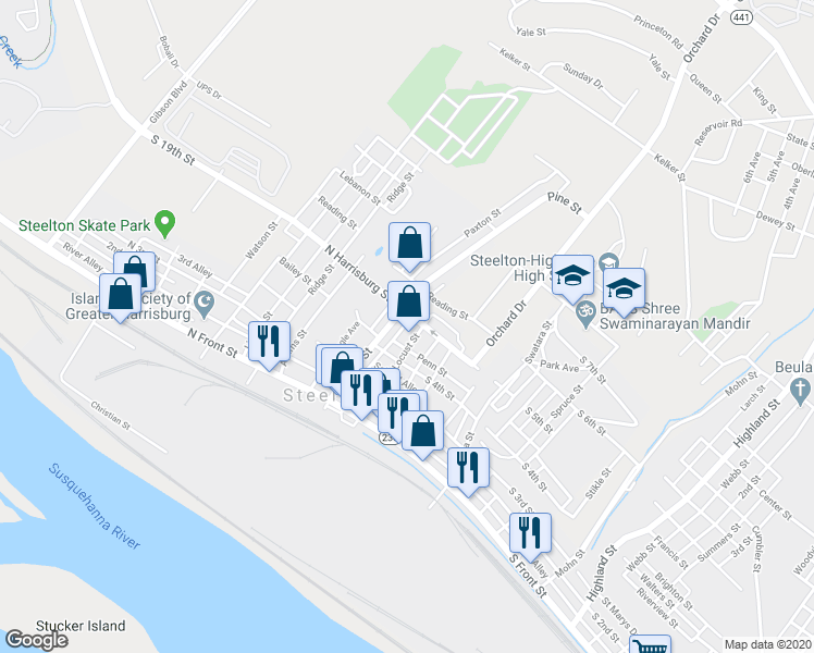 map of restaurants, bars, coffee shops, grocery stores, and more near 362 Mulberry Street in Harrisburg