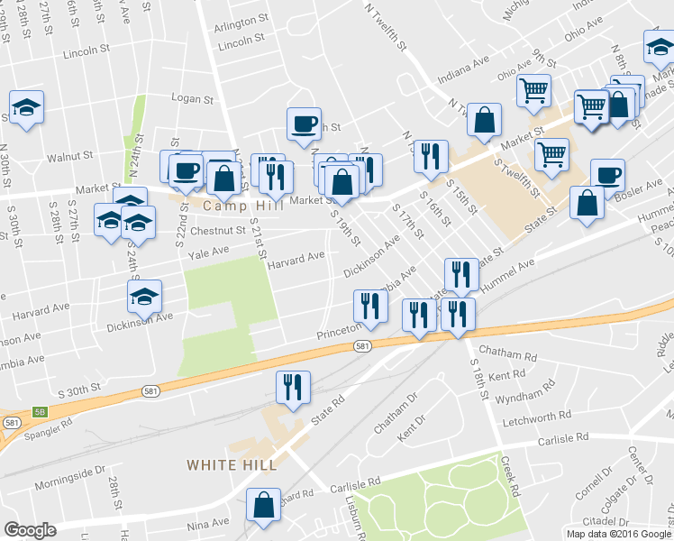 map of restaurants, bars, coffee shops, grocery stores, and more near 7 Pennsylvania Avenue in Camp Hill