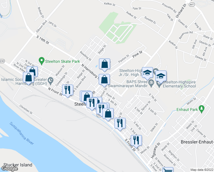 map of restaurants, bars, coffee shops, grocery stores, and more near 363 Locust Street in Steelton