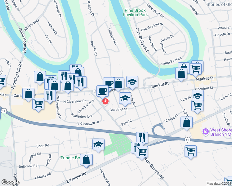 map of restaurants, bars, coffee shops, grocery stores, and more near 4349 Carlisle Pike in Camp Hill