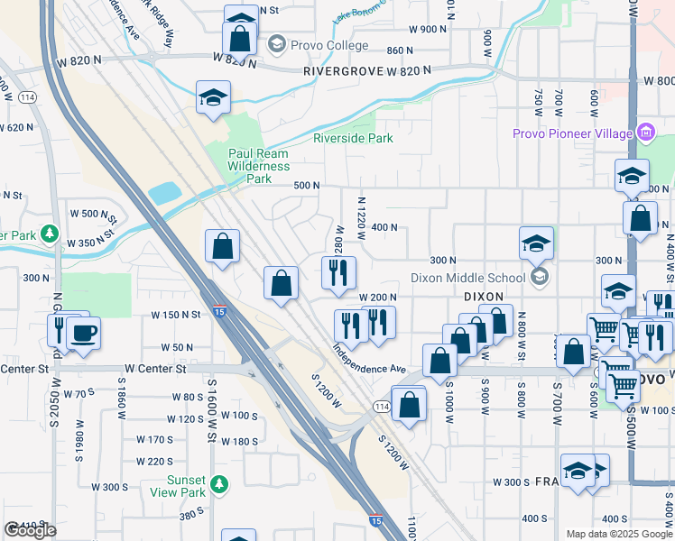 map of restaurants, bars, coffee shops, grocery stores, and more near 968 West 265 North in Provo