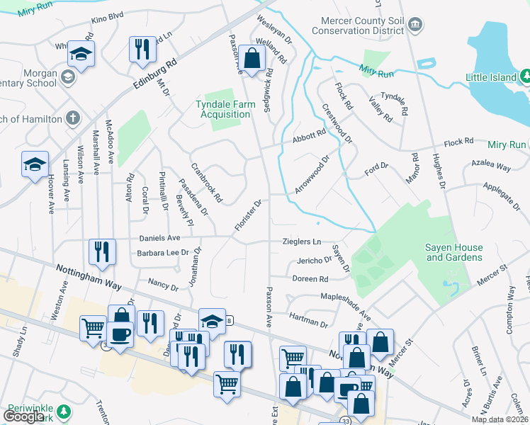 map of restaurants, bars, coffee shops, grocery stores, and more near 275 Paxson Avenue in Hamilton Township